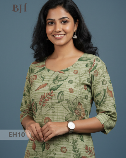 Premium Straight Cut Kurti – Pale Green Colour with Beautiful Floral Print