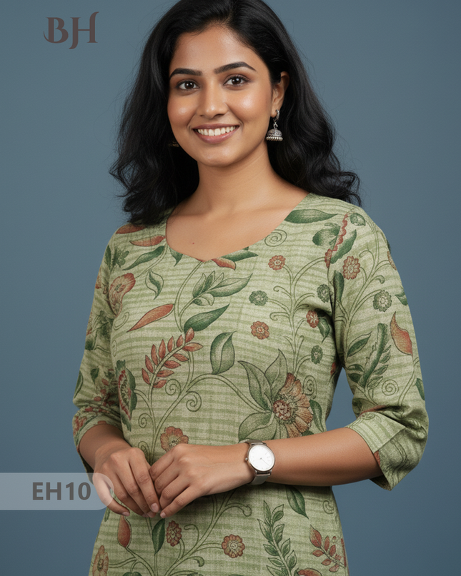 Premium Straight Cut Kurti – Pale Green Colour with Beautiful Floral Print