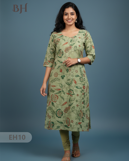 Premium Straight Cut Kurti – Pale Green Colour with Beautiful Floral Print