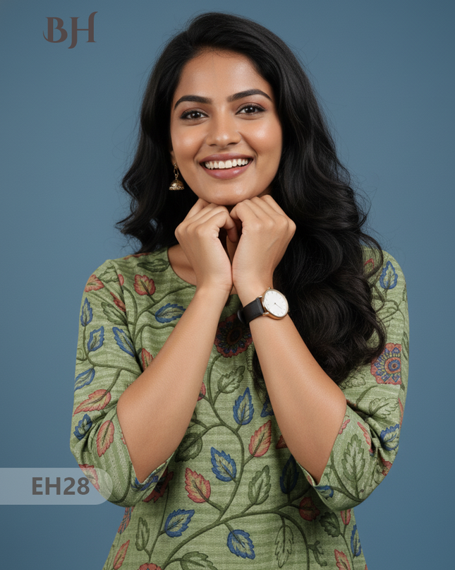 Premium Cotton Straight Cut Kurti – Green Floral Print Design for Women