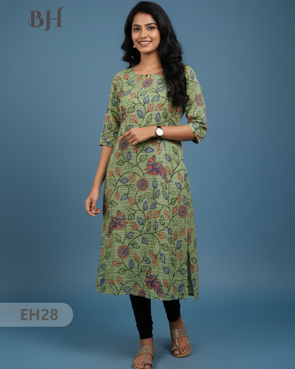 Premium Cotton Straight Cut Kurti – Green Floral Print Design for Women