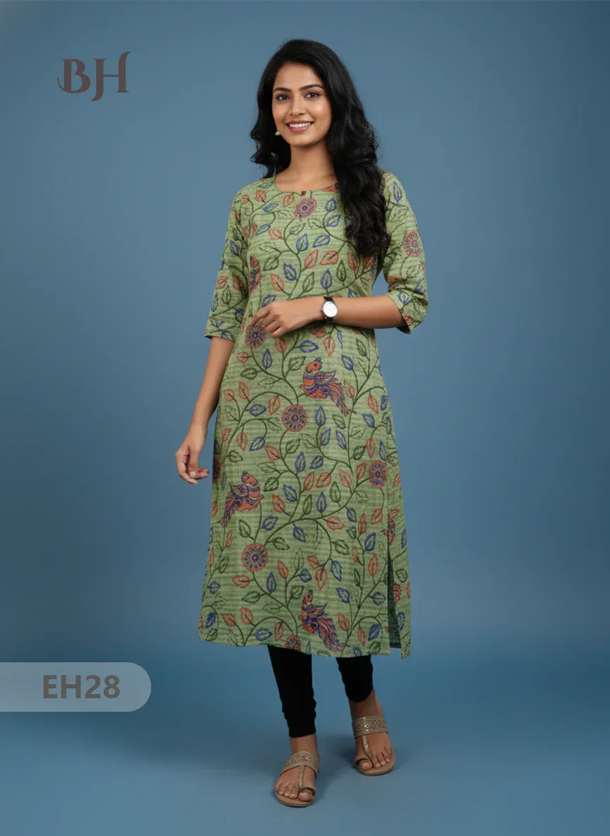 Premium Cotton Straight Cut Kurti – Green Floral Print Design for Women