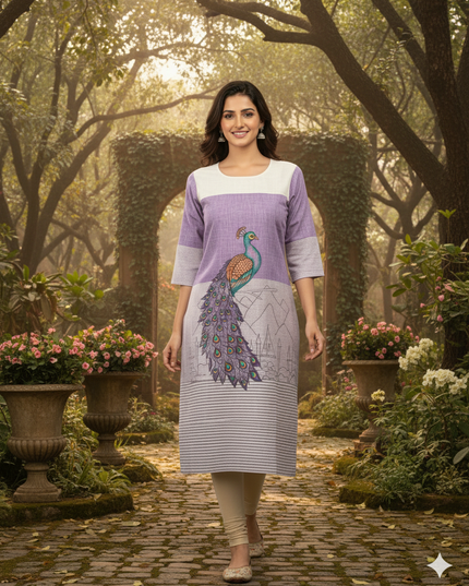 Woman in a purple and white dress with peacock design walking through a garden.