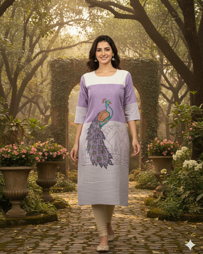 Woman in a purple and white dress with peacock design walking through a garden.