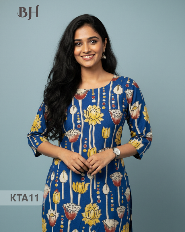 Kalamkari Straight Cut Top Blue Color with Full Length Lining | Ethnic Cotton Wear