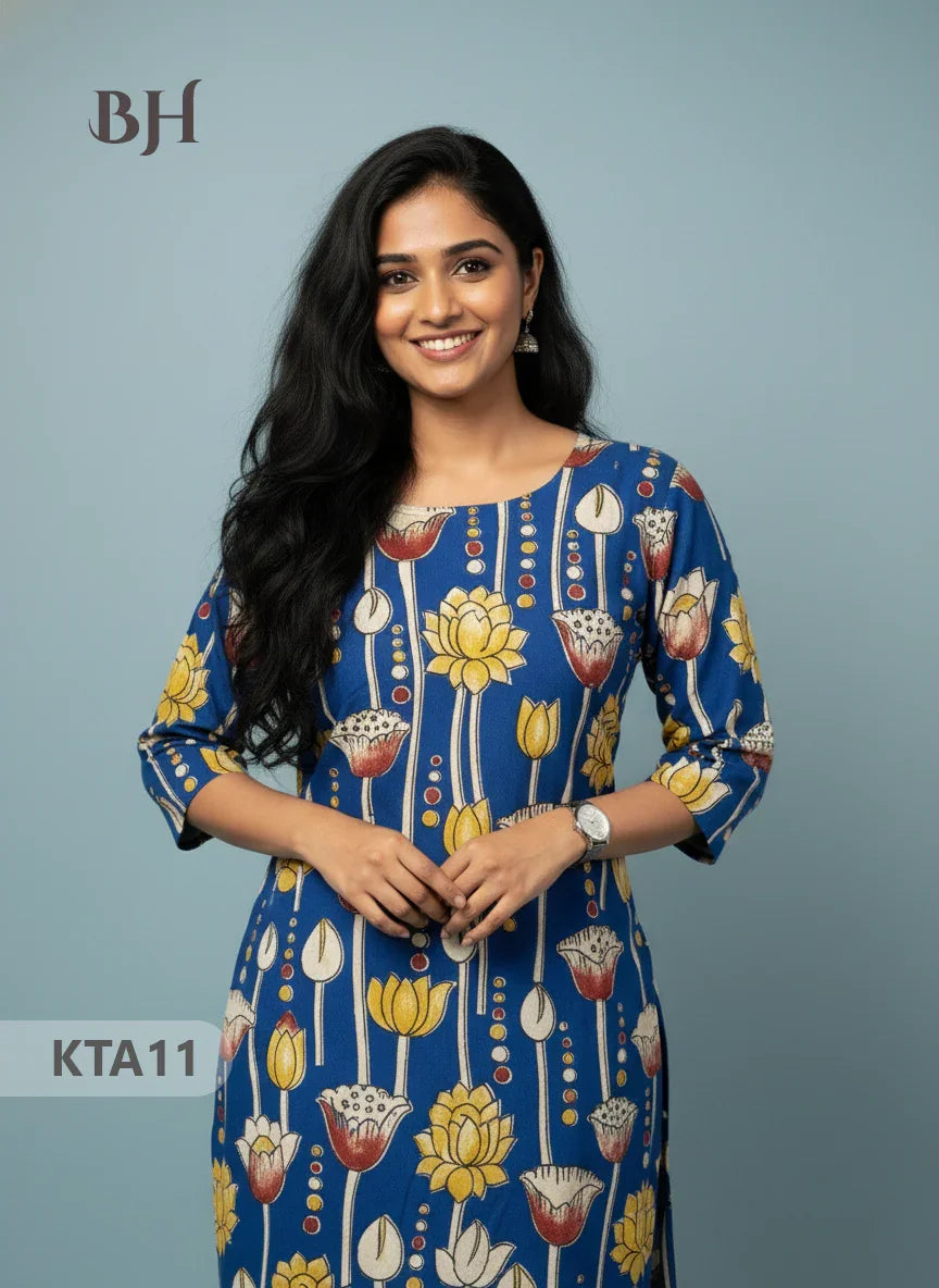 Kalamkari Straight Cut Top Blue Color with Full Length Lining | Ethnic Cotton Wear