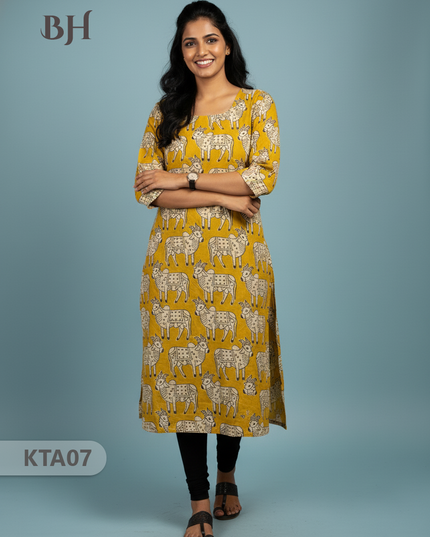 Kalamkari Straight Cut Top Yellow Color with Full Length Lining | Ethnic Cotton Wear