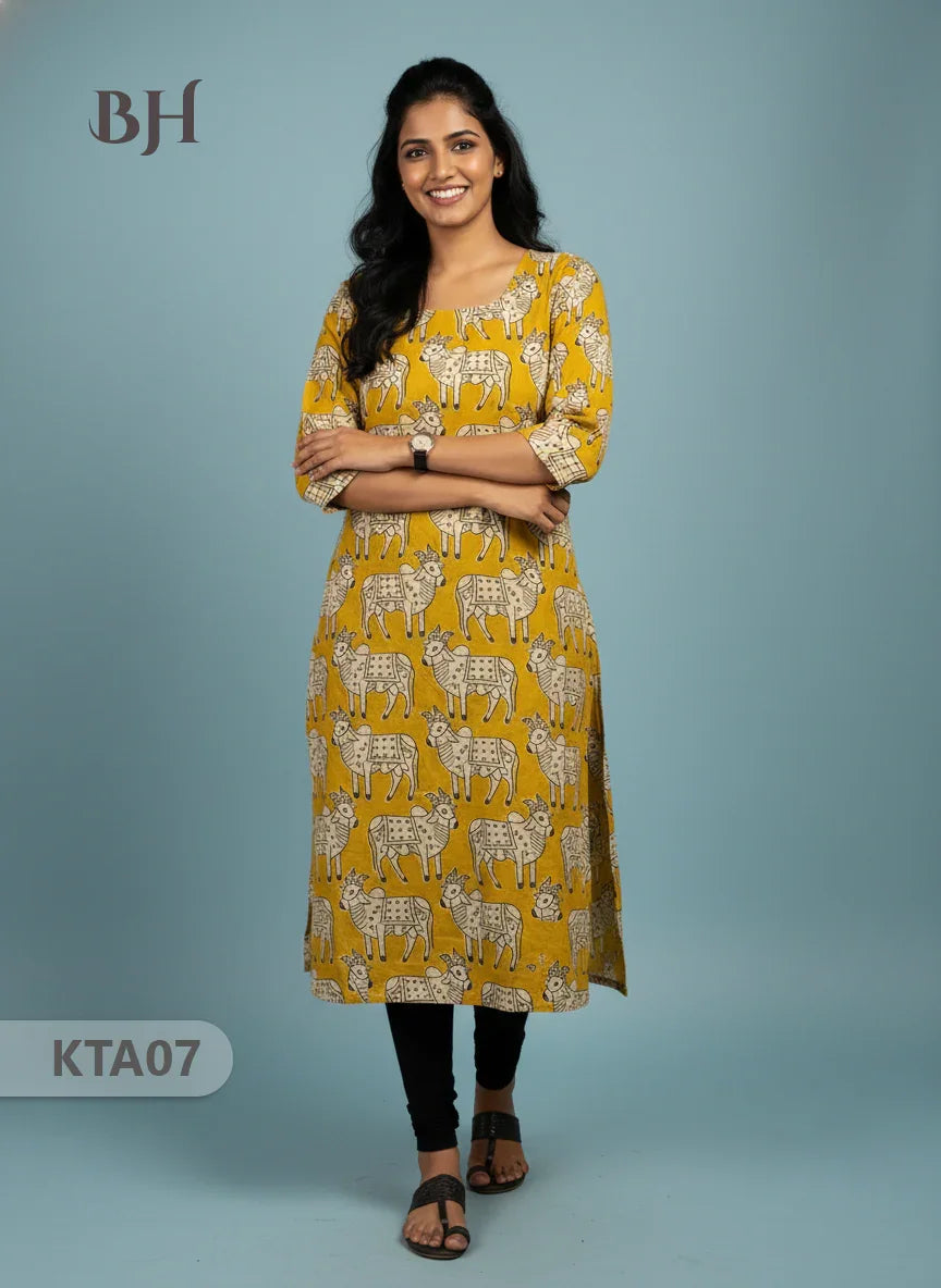 Kalamkari Straight Cut Top Yellow Color with Full Length Lining | Ethnic Cotton Wear