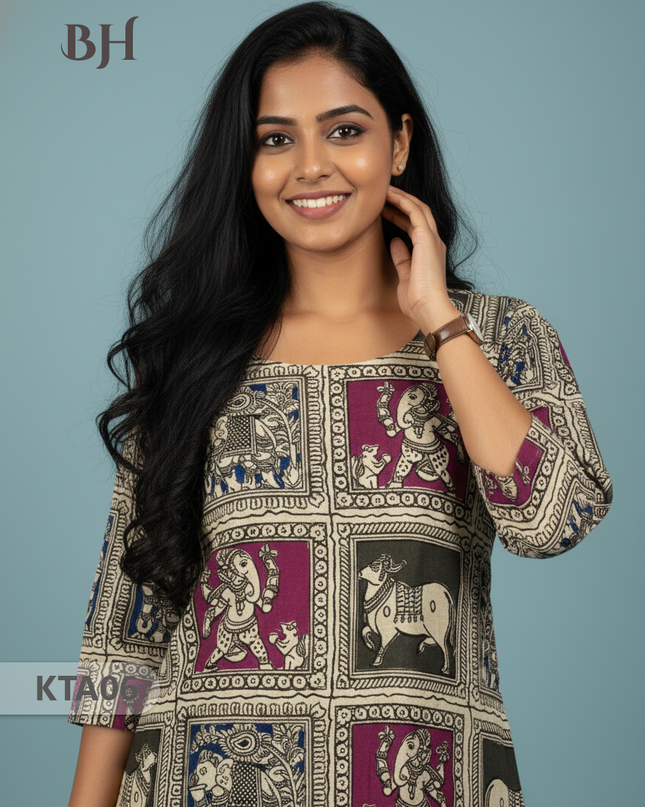 Kalamkari Straight Cut Top Half White Color with Full Length Lining | Ethnic Cotton Wear