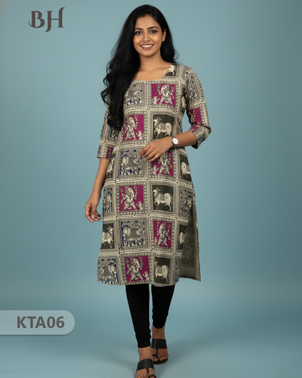 Kalamkari Straight Cut Top Half White Color with Full Length Lining | Ethnic Cotton Wear
