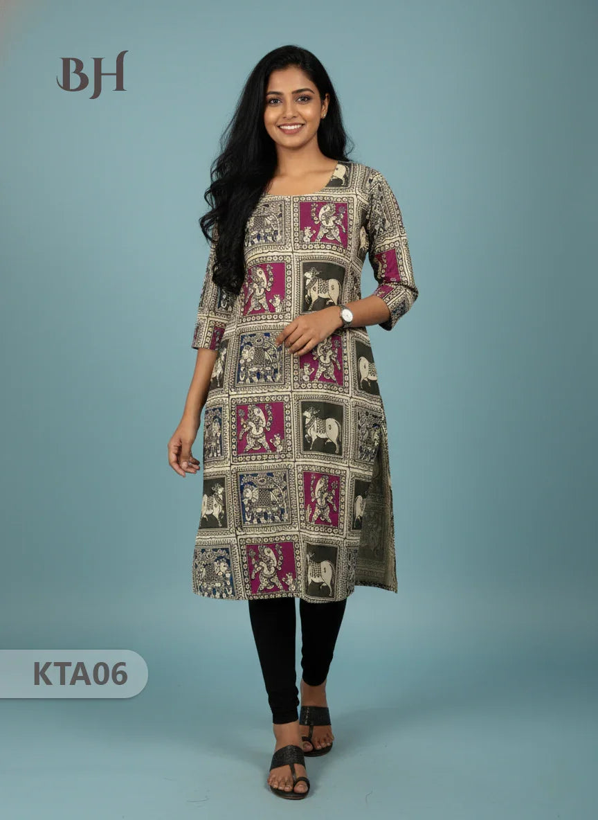 Kalamkari Straight Cut Top Half White Color with Full Length Lining | Ethnic Cotton Wear