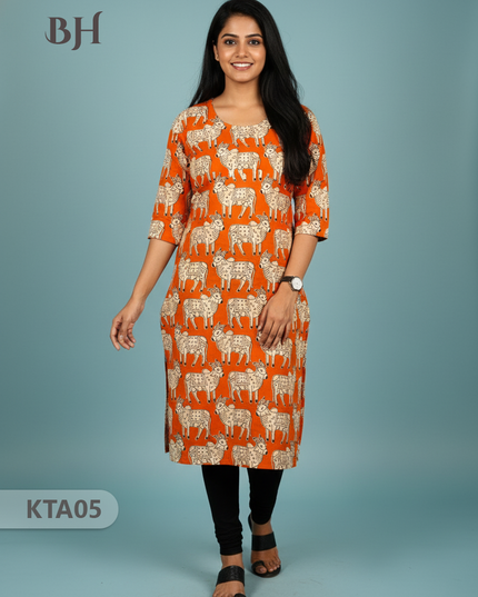 Kalamkari Straight Cut Top Orange Color with Full Length Lining | Ethnic Cotton Wear