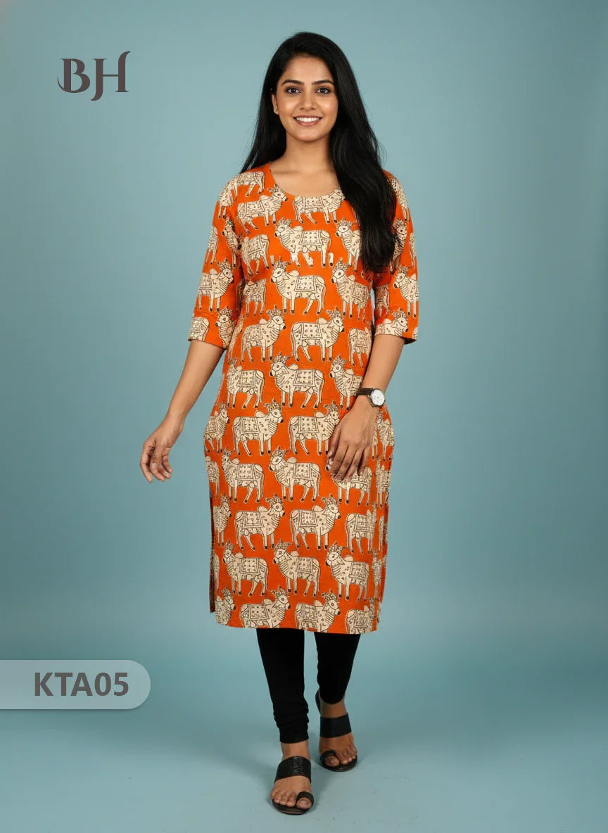 Kalamkari Straight Cut Top Orange Color with Full Length Lining | Ethnic Cotton Wear