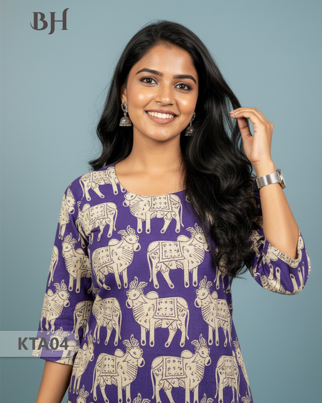 Kalamkari Straight Cut Top Violet Color with Full Length Lining | Ethnic Cotton Wear