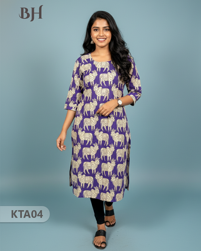 Kalamkari Straight Cut Top Violet Color with Full Length Lining | Ethnic Cotton Wear