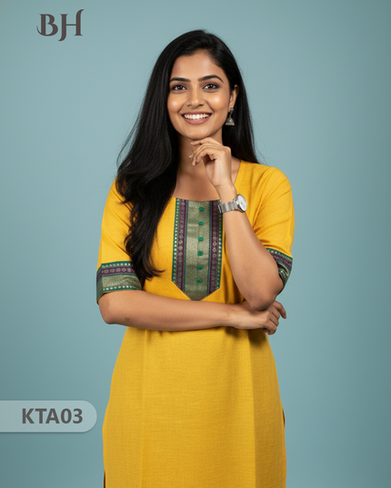 Handloom Straight Cut Top Yellow Color with No lining | Ethnic Cotton Wear