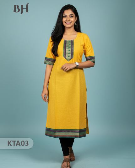 Handloom Straight Cut Top Yellow Color with No lining | Ethnic Cotton Wear