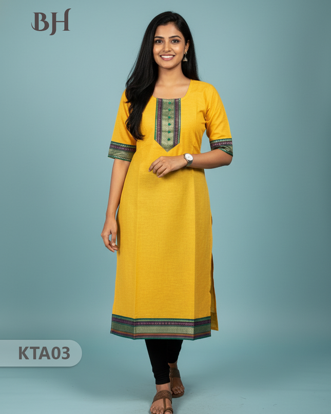 Handloom Straight Cut Top Yellow Color with No lining | Ethnic Cotton Wear