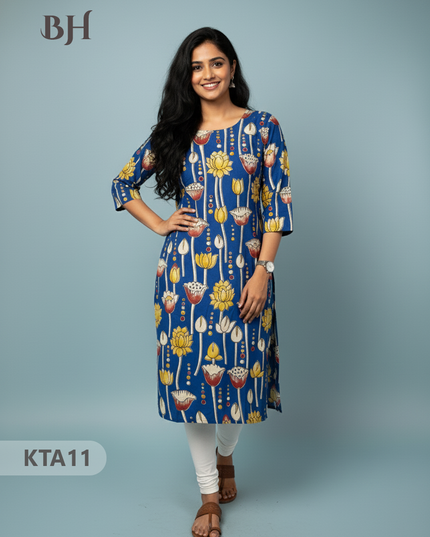Kalamkari Straight Cut Top Blue Color with Full Length Lining | Ethnic Cotton Wear