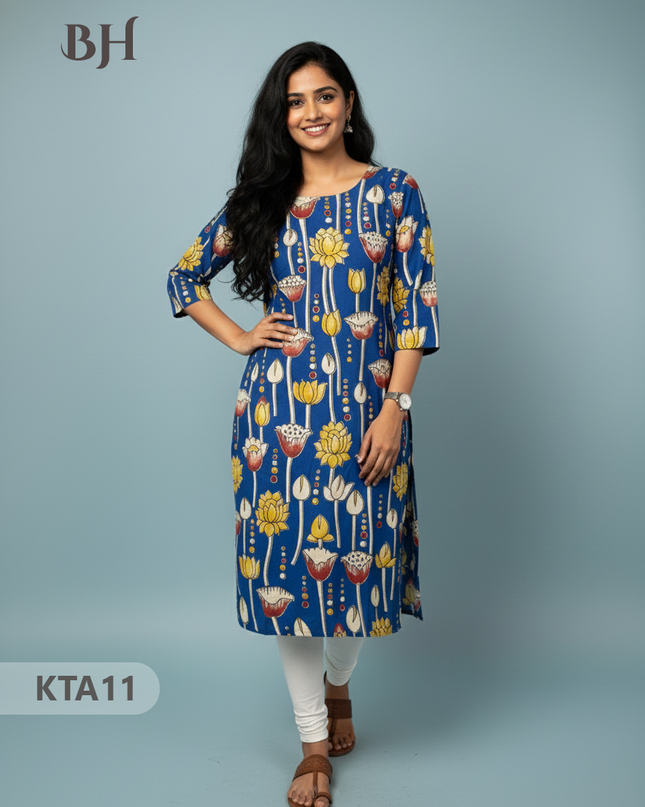 Kalamkari Straight Cut Top Blue Color with Full Length Lining | Ethnic Cotton Wear