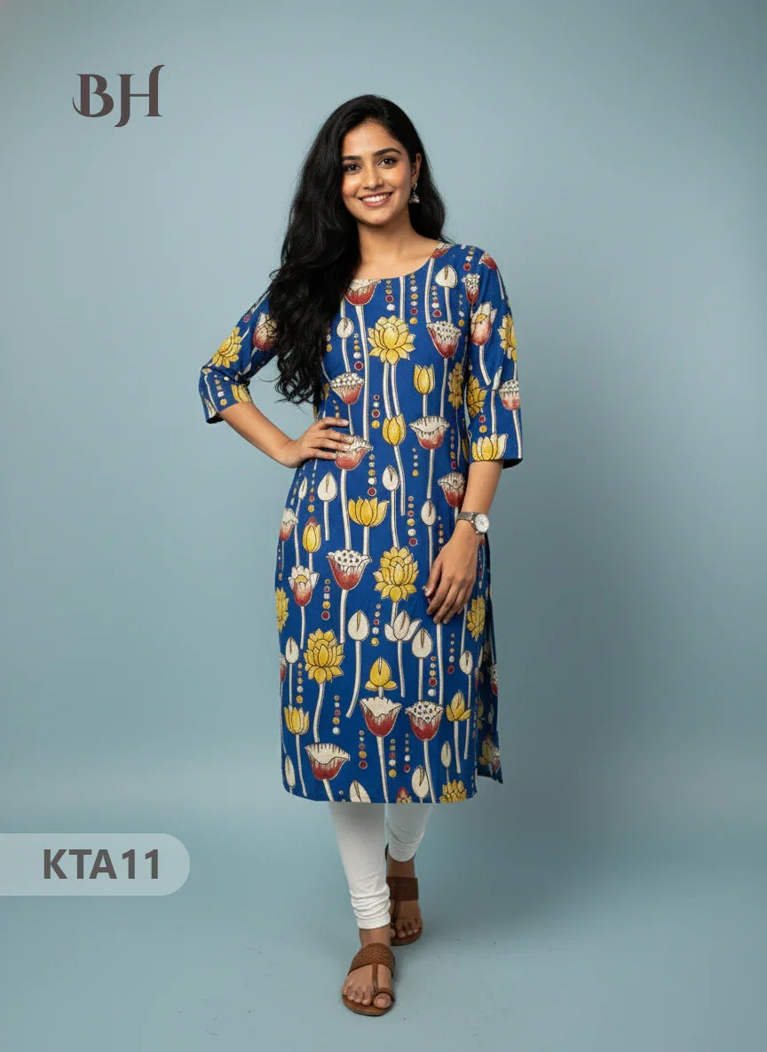 Kalamkari Straight Cut Top Blue Color with Full Length Lining | Ethnic Cotton Wear