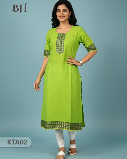 Handloom Straight Cut Top Light Green Color with No lining | Ethnic Cotton Wear