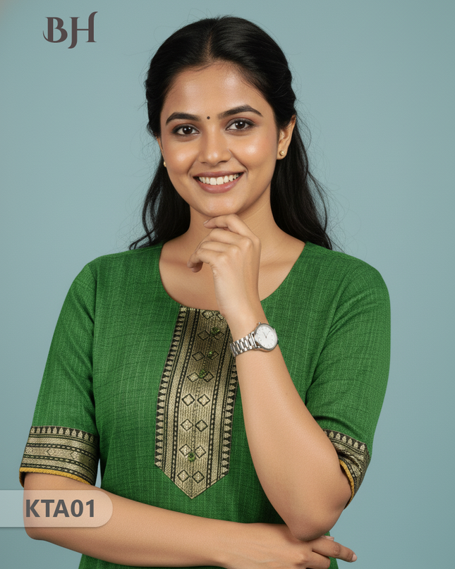 Handloom Straight Cut Top Dark Green Color with No lining | Ethnic Cotton Wear