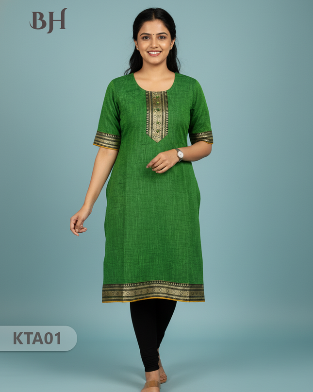 Handloom Straight Cut Top Dark Green Color with No lining | Ethnic Cotton Wear