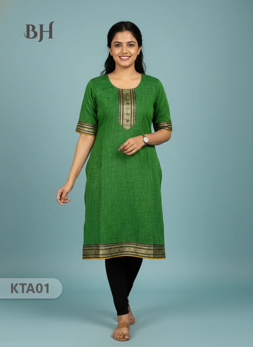 Handloom Straight Cut Top Dark Green Color with No lining | Ethnic Cotton Wear