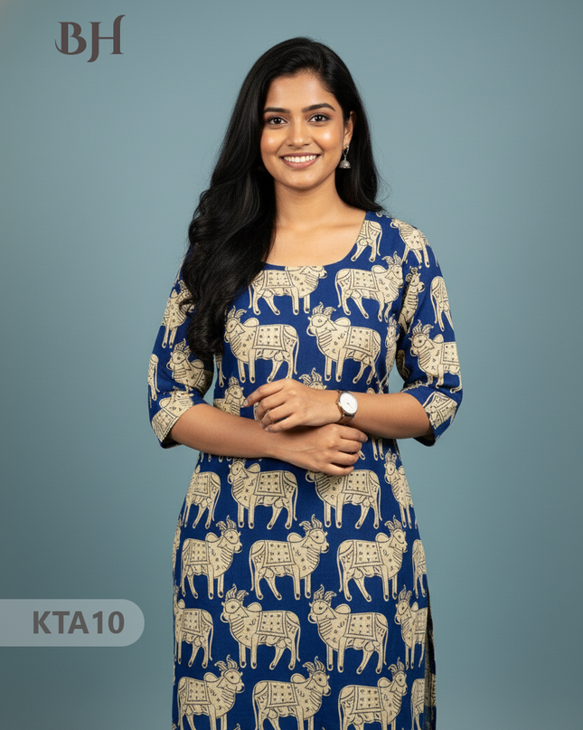Kalamkari Straight Cut Top Blue Color with Full Length Lining | Ethnic Cotton Wear