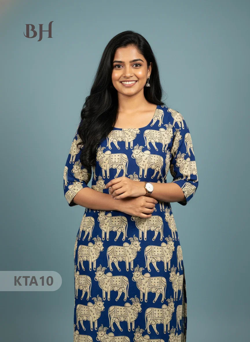 Kalamkari Straight Cut Top Blue Color with Full Length Lining | Ethnic Cotton Wear