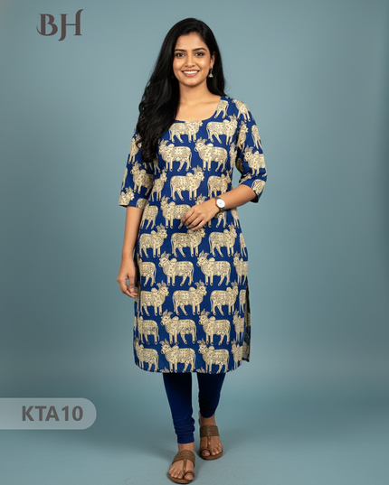 Kalamkari Straight Cut Top Blue Color with Full Length Lining | Ethnic Cotton Wear