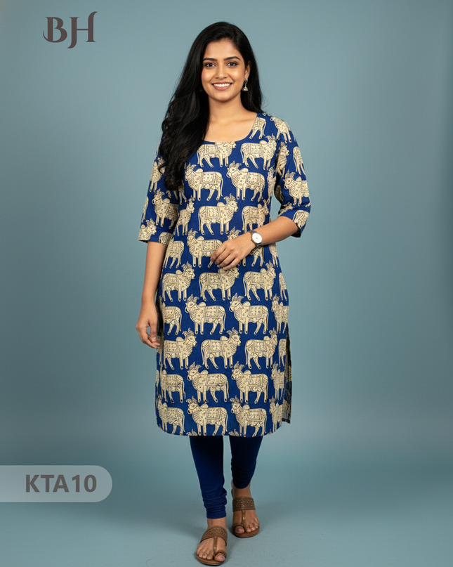 Kalamkari Straight Cut Top Blue Color with Full Length Lining | Ethnic Cotton Wear