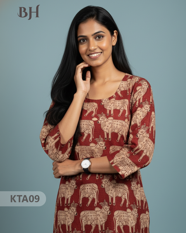 Kalamkari Straight Cut Top Red Color with Full Length Lining | Ethnic Cotton Wear