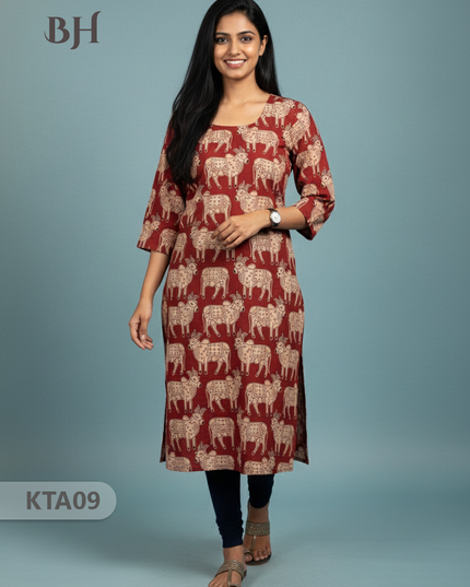 Kalamkari Straight Cut Top Red Color with Full Length Lining | Ethnic Cotton Wear
