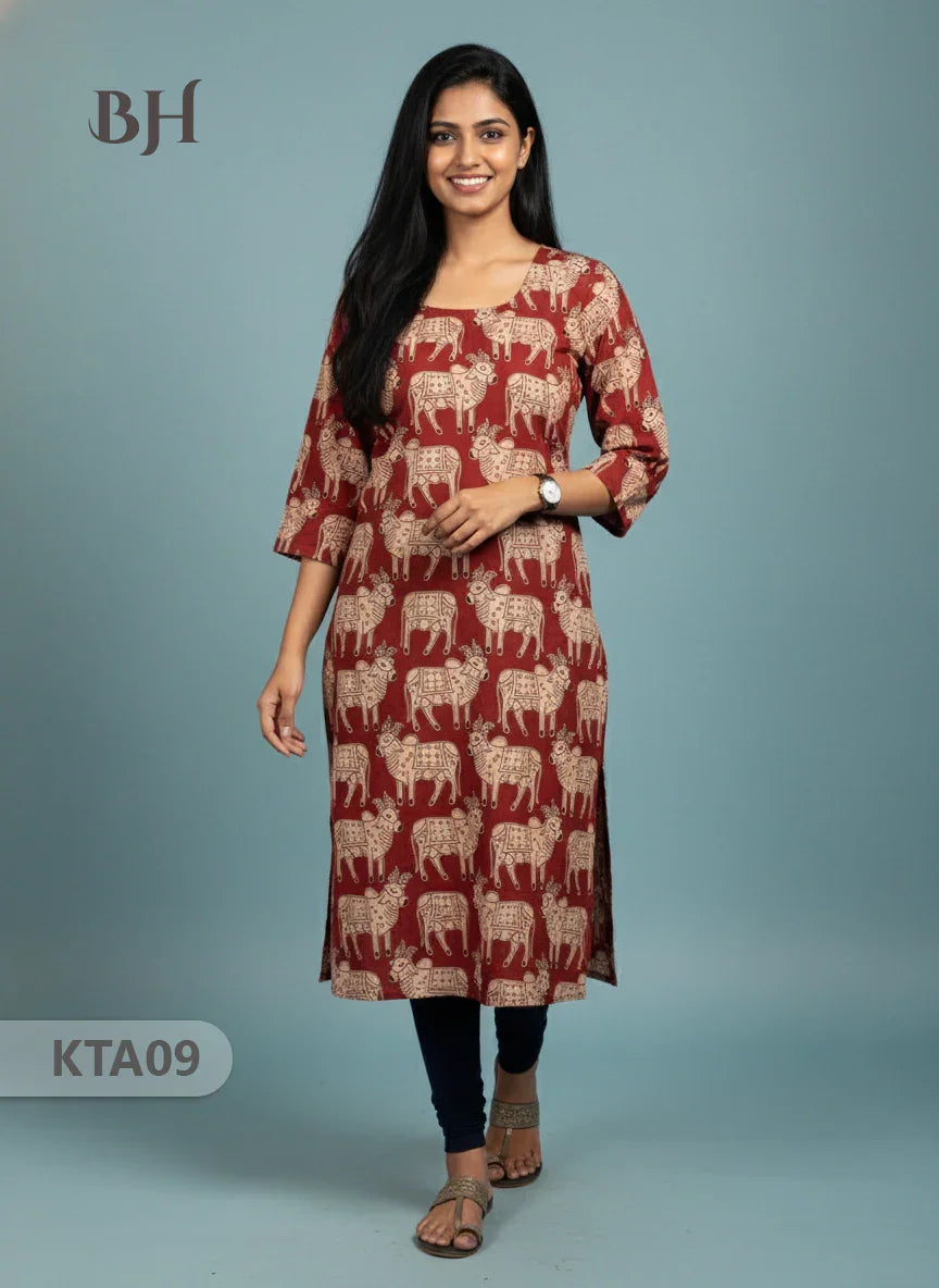Kalamkari Straight Cut Top Red Color with Full Length Lining | Ethnic Cotton Wear
