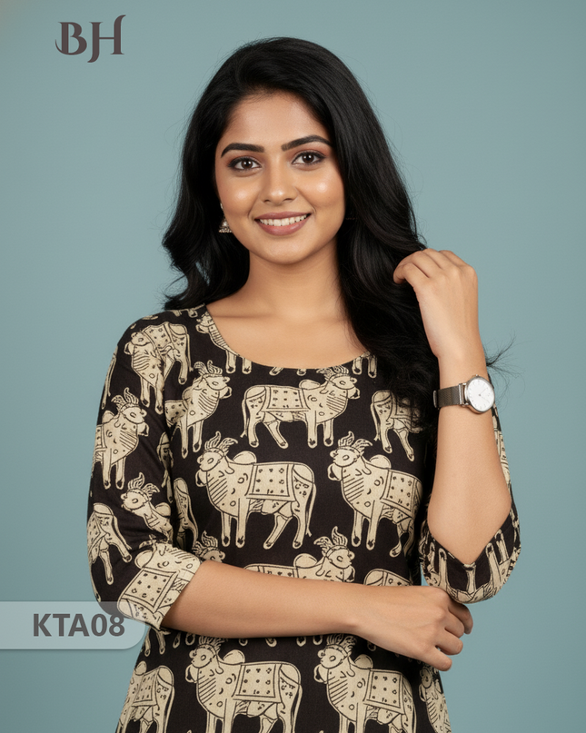 Kalamkari Straight Cut Top Black Color with Full Length Lining | Ethnic Cotton Wear