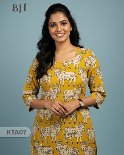 Kalamkari Straight Cut Top Yellow Color with Full Length Lining | Ethnic Cotton Wear