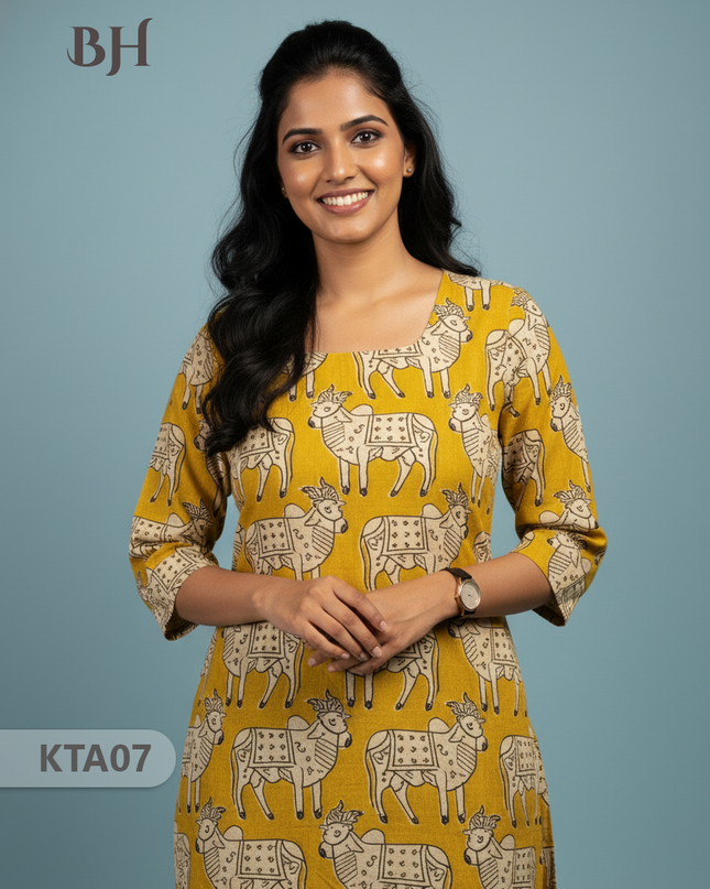 Kalamkari Straight Cut Top Yellow Color with Full Length Lining | Ethnic Cotton Wear