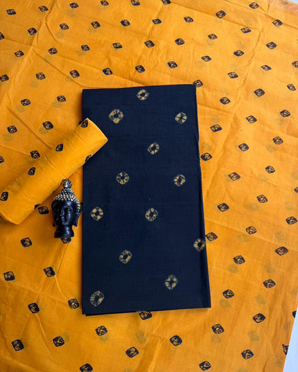 Classic Bandhani Dress Material – Black Top Yellow Bottom | Cotton Fabric