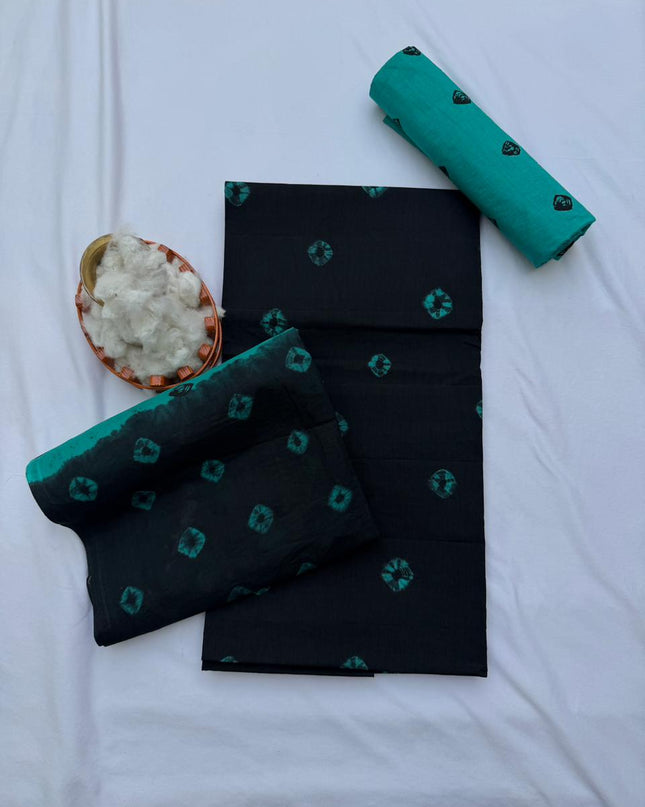 Classic Bandhani Dress Material – Black Top Sea Green Bottom | Cotton Fabric