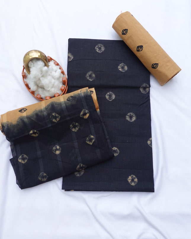 Classic Bandhani Dress Material – Black Top Pestal Brown Bottom | Cotton Fabric