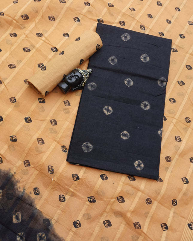 Classic Bandhani Dress Material – Black Top Pestal Brown Bottom | Cotton Fabric