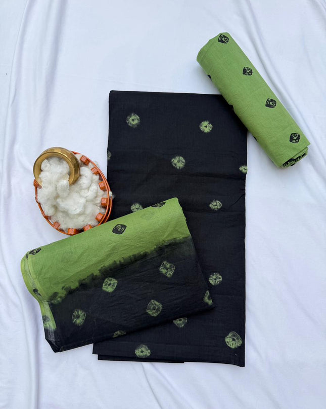 Classic Bandhani Dress Material – Black Top Parrot Green Bottom | Cotton Fabric