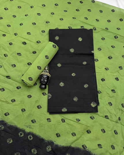 Classic Bandhani Dress Material – Black Top Parrot Green Bottom | Cotton Fabric
