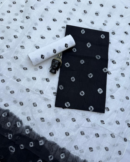 Classic Bandhani Dress Material – Black Top White Bottom | Cotton Fabric
