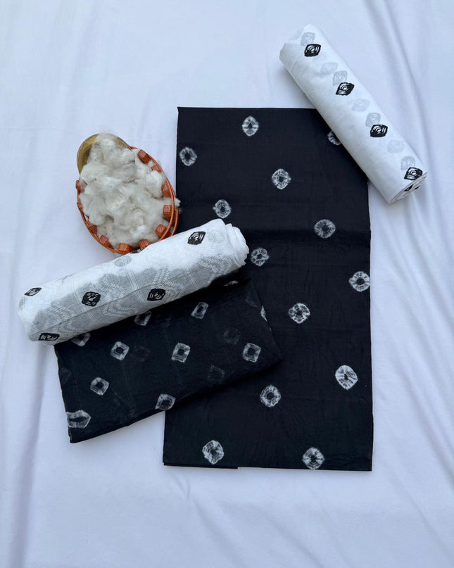 Classic Bandhani Dress Material – Black Top White Bottom | Cotton Fabric