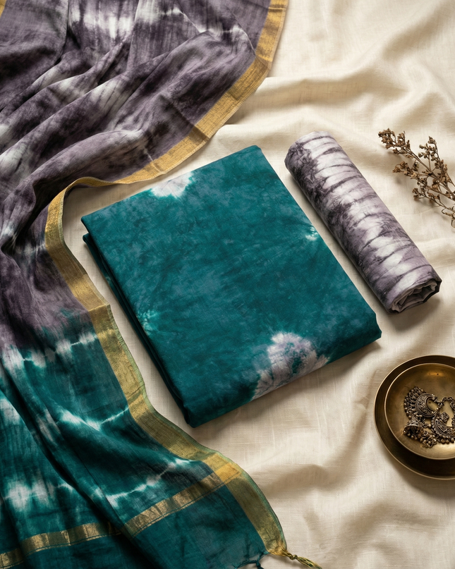 Comfort Deep Sea Green Cotton Dress Material Paired with Cotton Dupatta
