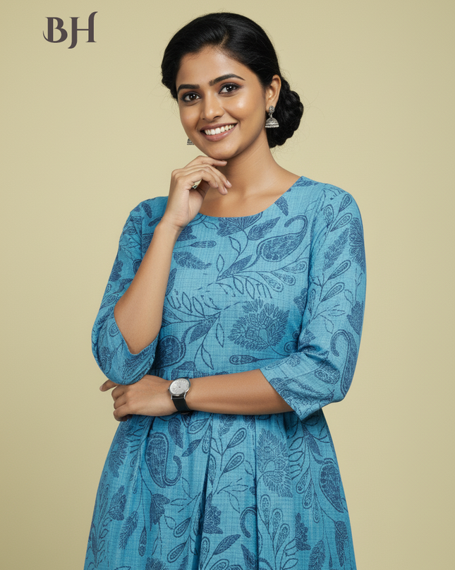 Sky Blue Cotton Frock for Women | Comfortable Daily Wear Dress