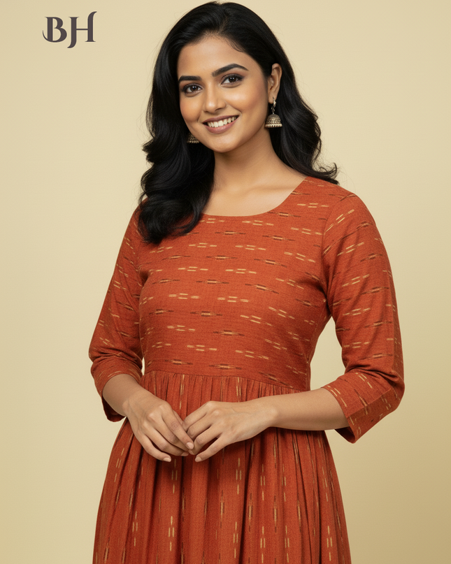 Orange Cotton Frock for Women | Comfortable Daily Wear Dress